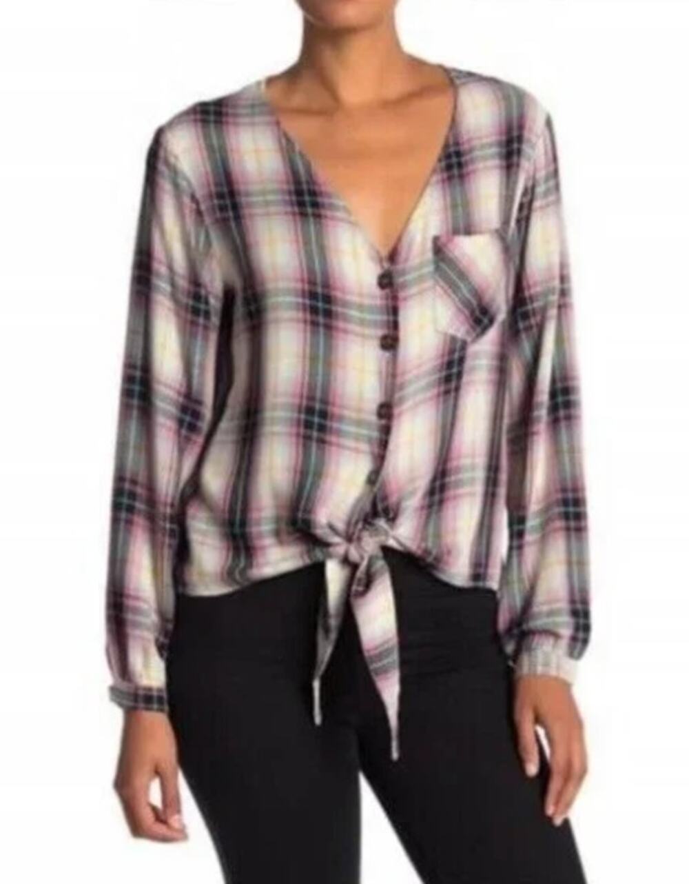 4Our Dreamers Tie-Front Plaid Button-Down Top Women's M or L Pink 100% Rayon